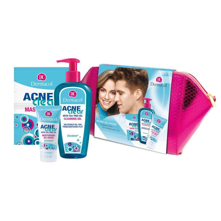 Dermacol AcneClear Cleansing Gel Geschenkset Make-up-Entferner-Gel 200 ml + Feuchtigkeitsgel-Creme 50 ml + Gesichtsmaske 2 x 8 g + Kosmetiktasche