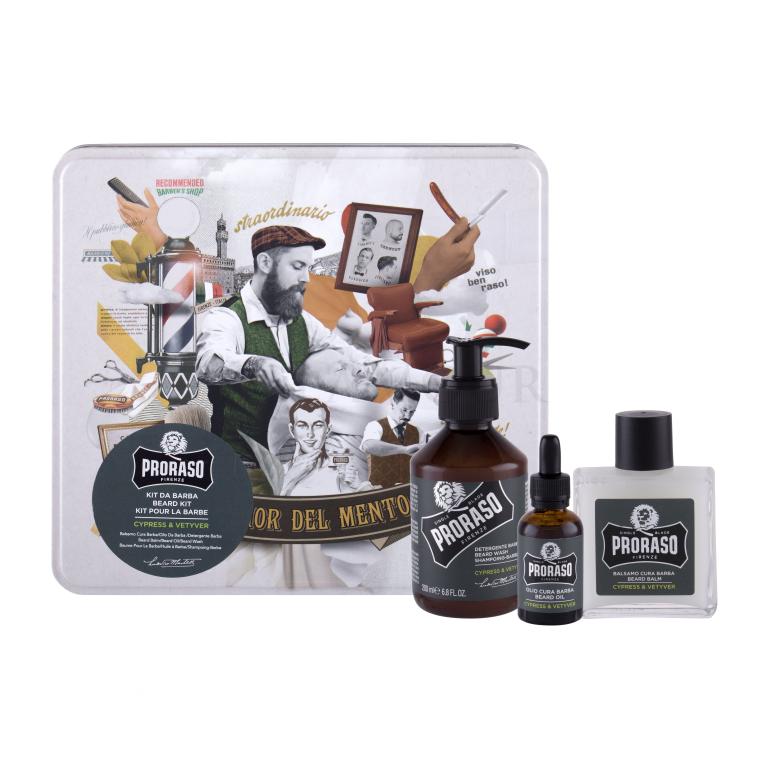 PRORASO Cypress &amp; Vetyver Beard Wash Geschenkset Bartshampoo 200 ml + Bartbalsam 100 ml + Bartöl 30 ml + Blechdose