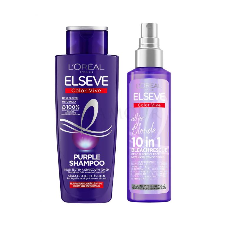 Set Shampoo L&#039;Oréal Paris Elseve Color-Vive Purple Shampoo + Pflege ohne Ausspülen L&#039;Oréal Paris Elseve Color-Vive All For Blonde 10in1 Bleach Rescue