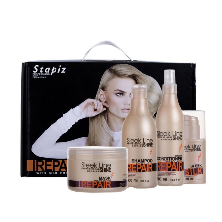 Stapiz Sleek Line Repair Geschenkset Shampoo 300 ml + Zwei-Phasen-Spülung 300 ml + Haarmaske 250 ml + Spülung Sleek Silk 30 ml