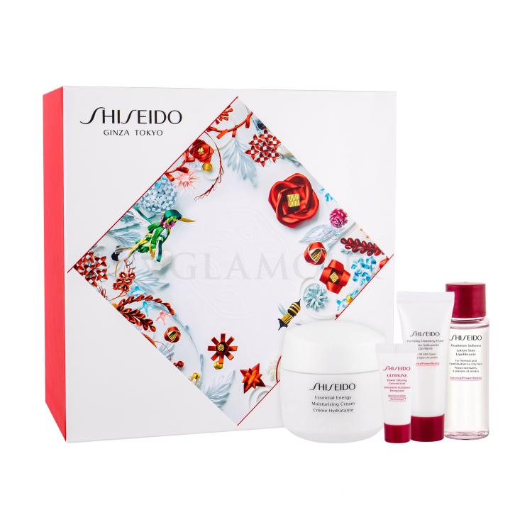 Shiseido Essential Energy Moisturizing Cream Geschenkset Tagesgesichtspflege 50 ml + Gesichtsserum ULTIMUNE 5 ml + Reinigungsschaum Clarifying Cleansing Foam 15 ml + Gesichtswasser Treatment Softener 30 ml