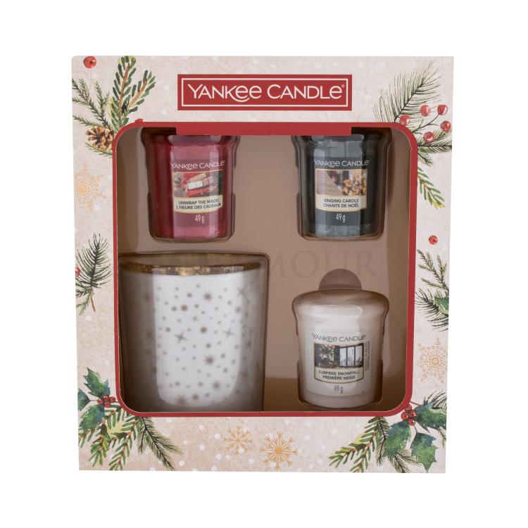 Yankee Candle Magical Christmas Morning Geschenkset Duftkerze Unwrap The Magic 49 g + Duftkerze Singing Carols 49 g + Duftkerze Surprise Snowfall 49 g + Kerzenständer