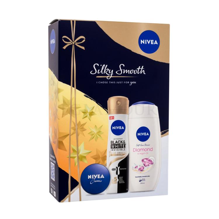 Nivea Silky Smooth Geschenkset Duschcreme Care &amp; Diamond 250 ml + Antiperspirant Black &amp; White Invisible Silky Smooth 150 ml + Universelle Creme 30 ml