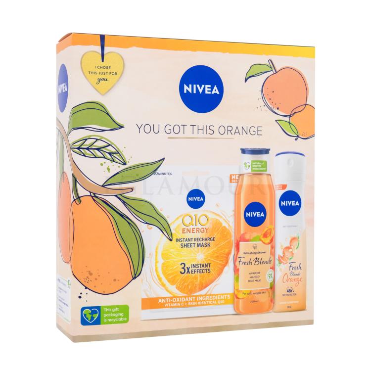 Nivea You Got This Orange Geschenkset Duschgel Fresh Blends Apricot 300 ml + Antiperspirant Fresh Blends Orange 150 ml + Gesichtsmaske Q10 1 St.