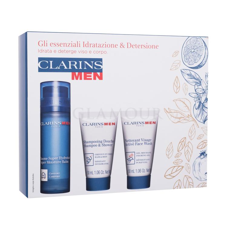 Clarins Men Hydration Essentials Geschenkset Gesichtsbalsam Men Super Moisture Balm 50 ml + Men Shampoo &amp; Shower 30 ml + Reinigungsgel Men Active Face Wash 30 ml