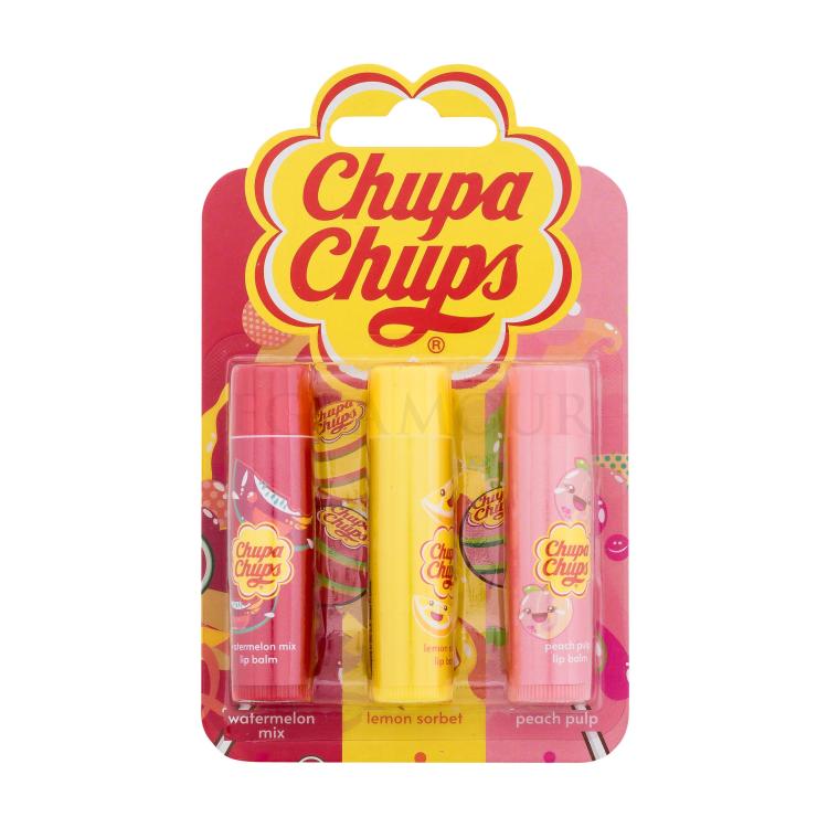 Chupa Chups Lip Balm Trio Geschenkset Lippenbalsam 4 g Watermelon + Lippenbalsam 4 g Peach Pulp + Lippenbalsam 4 g Lemon Sorbet