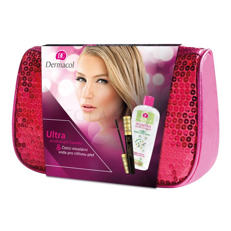 Dermacol Ultra Tech Geschenkset Verlängernde Mascara 10 ml + Mizellarwasser Sensitive 400 ml + rosa Kosmetiktasche